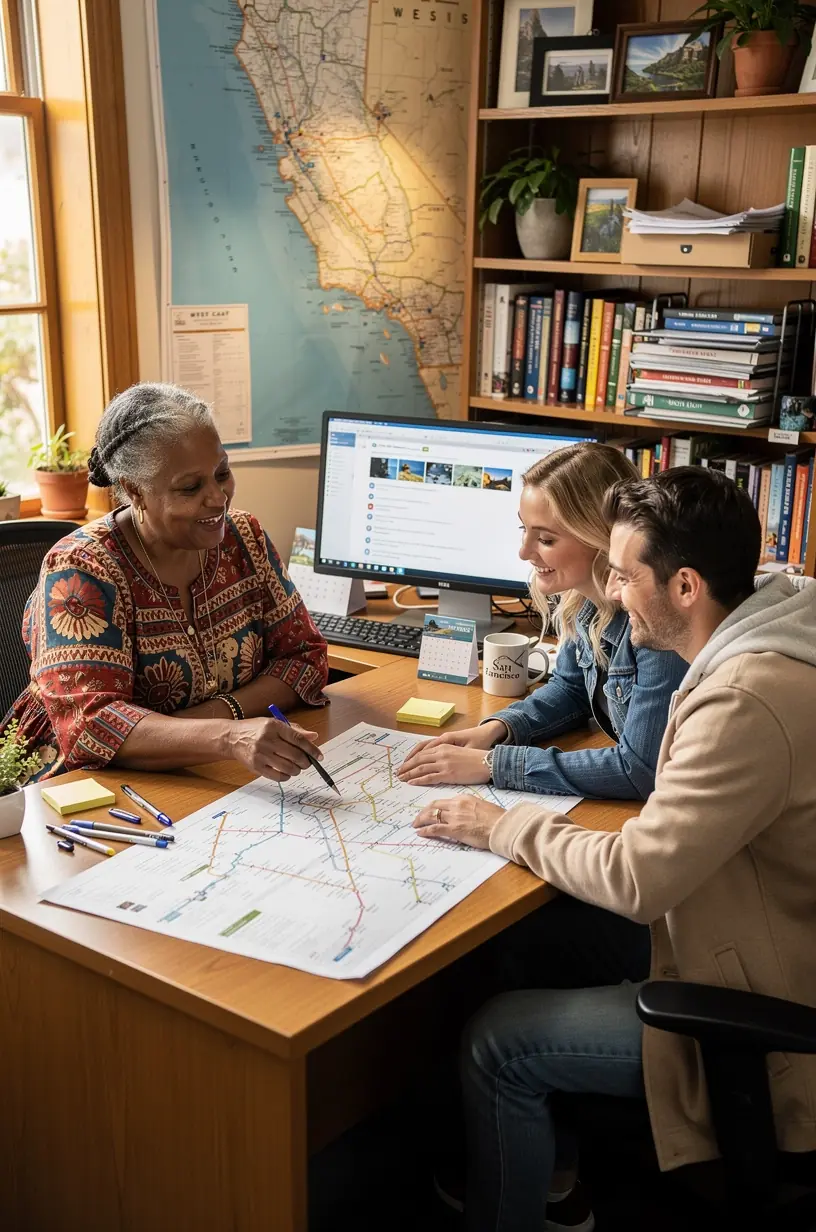 Печатный план поездки на столе с заметками и ручкой, готовый к передаче клиенту.