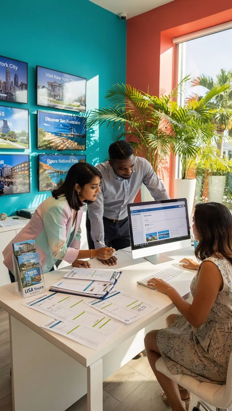 Специалист по логистике обсуждает план многогородского тура с клиентом в профессиональной обстановке.