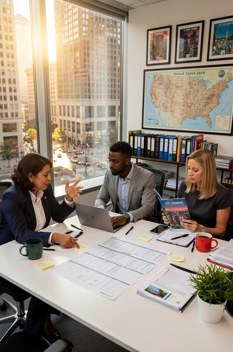 Распечатанный маршрут путешествия с подробным описанием остановок и времени в разных городах США.